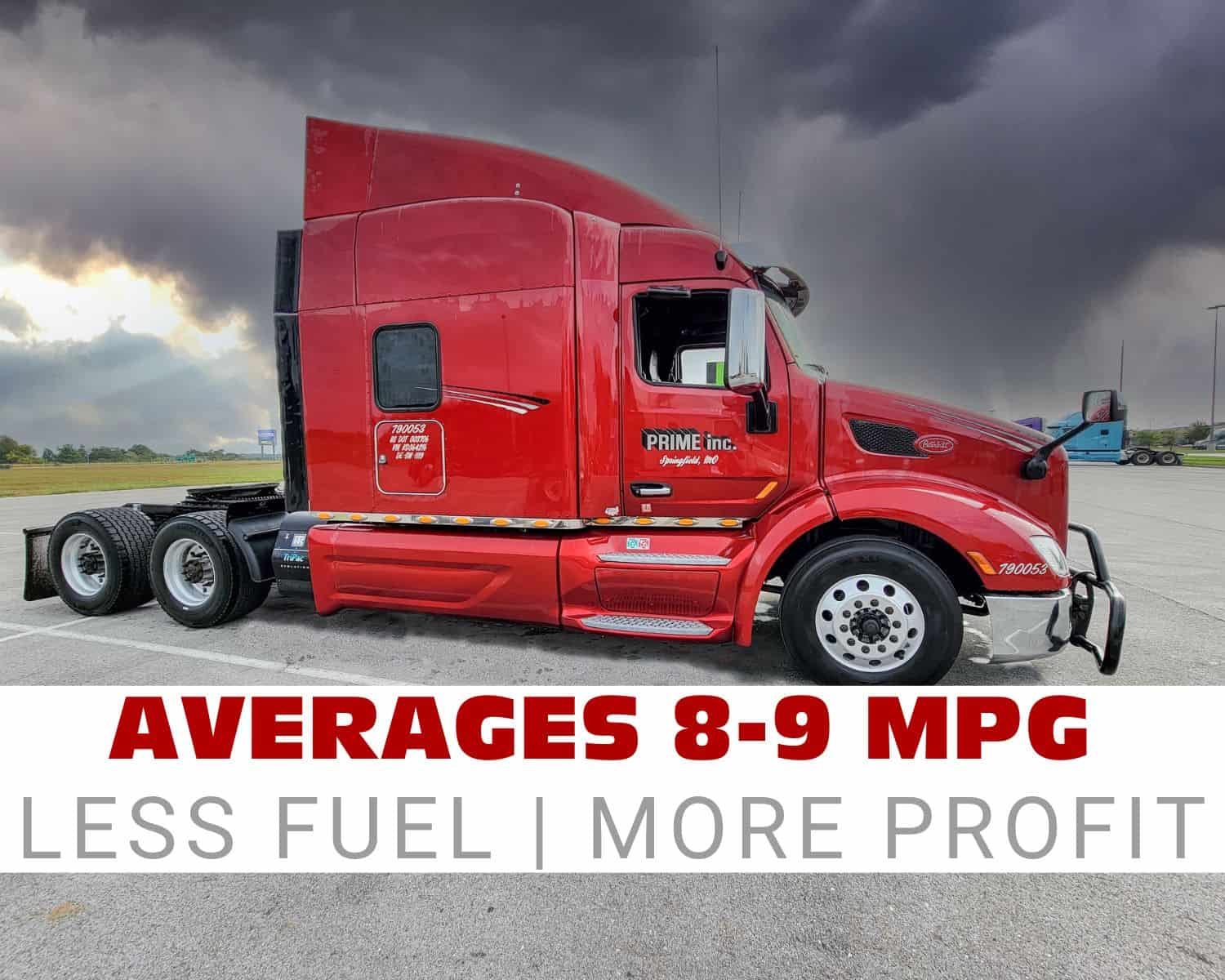 Red semi truck with fuel efficiency info, ideal for trucking businesses.