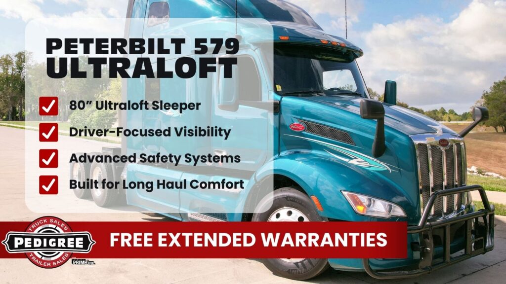 Peterbilt 579 Ultraloft sleeper truck for sale with 80 inch sleeper, advanced safety systems, and free extended warranties from Pedigree Truck and Trailer Sales