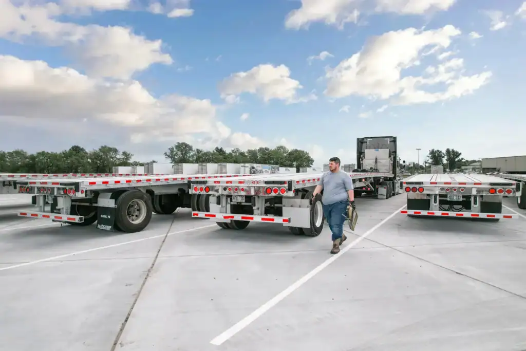 trucker walking around pedigree used flatbed semi trailers