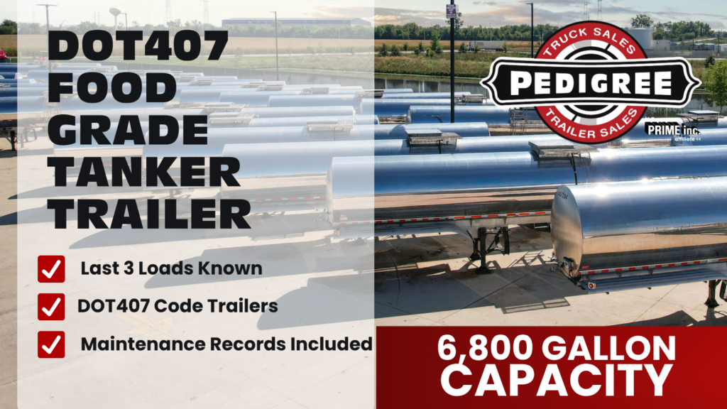 Stainless steel food grade tanker trailer parked on lot